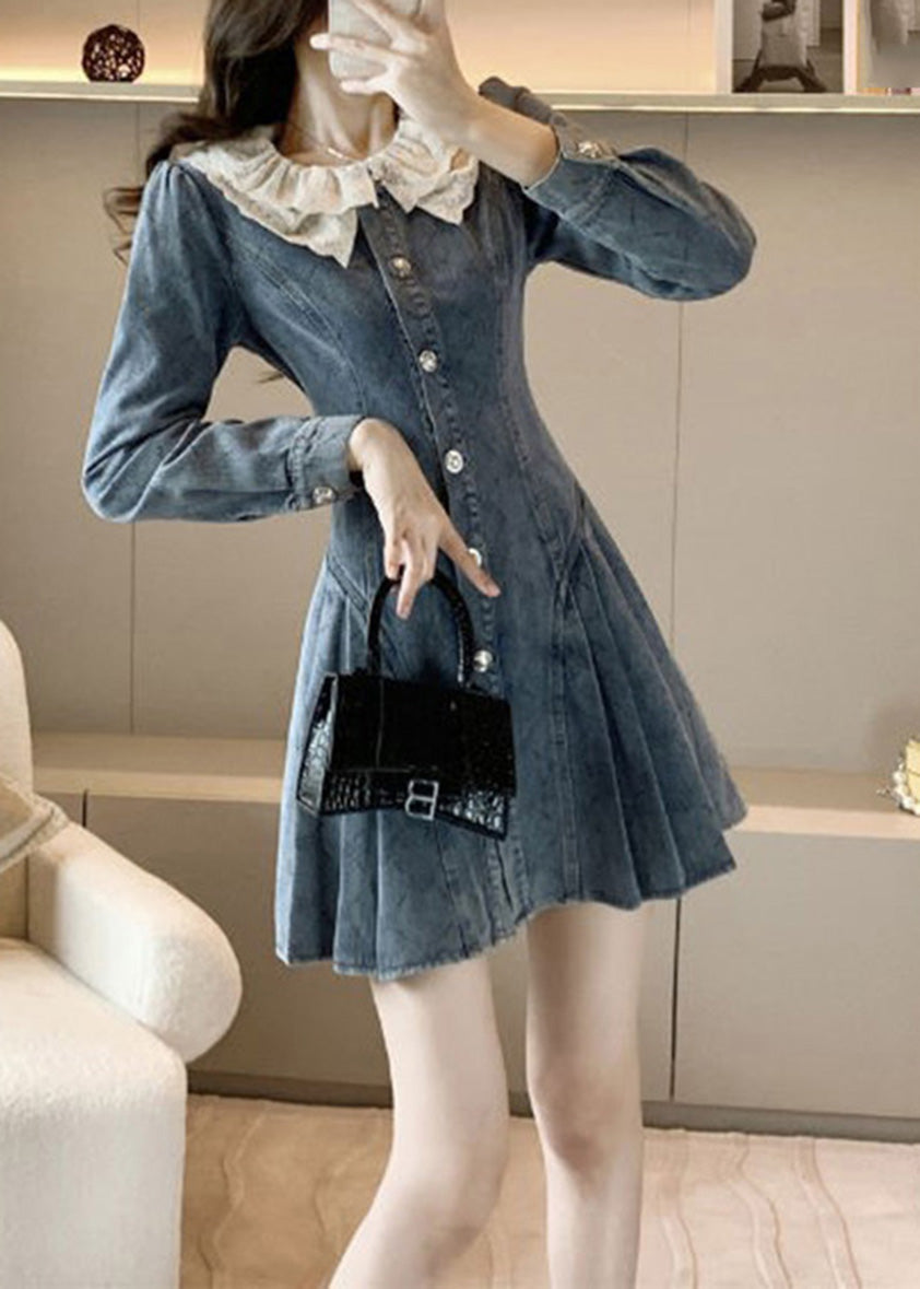 Slim Fit Blue O-Neck Lace Patchwork Button Denim Mid Dress Long Sleeve TY1088 - fabuloryshop