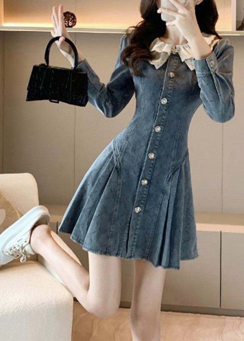 Slim Fit Blue O-Neck Lace Patchwork Button Denim Mid Dress Long Sleeve TY1088