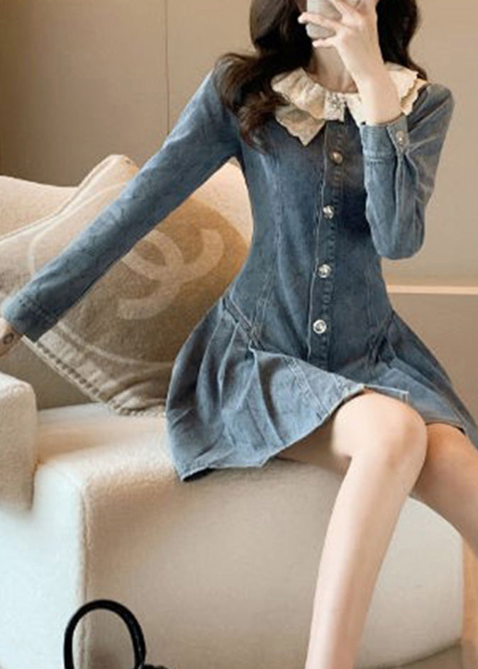 Slim Fit Blue O-Neck Lace Patchwork Button Denim Mid Dress Long Sleeve TY1088 - fabuloryshop