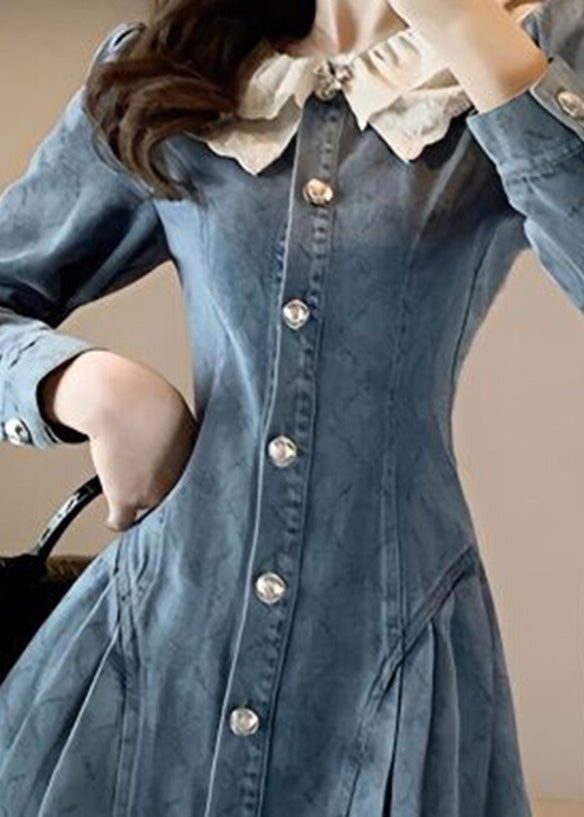 Slim Fit Blue O-Neck Lace Patchwork Button Denim Mid Dress Long Sleeve TY1088 - fabuloryshop