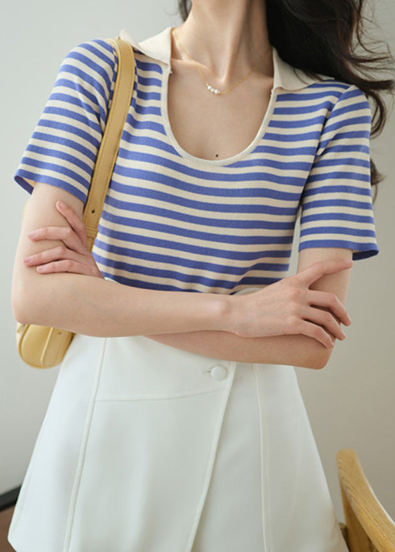 Slim Fit Blue U Neck Striped Patchwork Ice Silk Knit Top Short Sleeve Ada Fashion