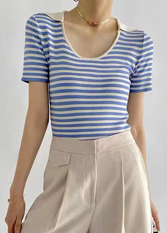 Slim Fit Blue U Neck Striped Patchwork Ice Silk Knit Top Short Sleeve Ada Fashion