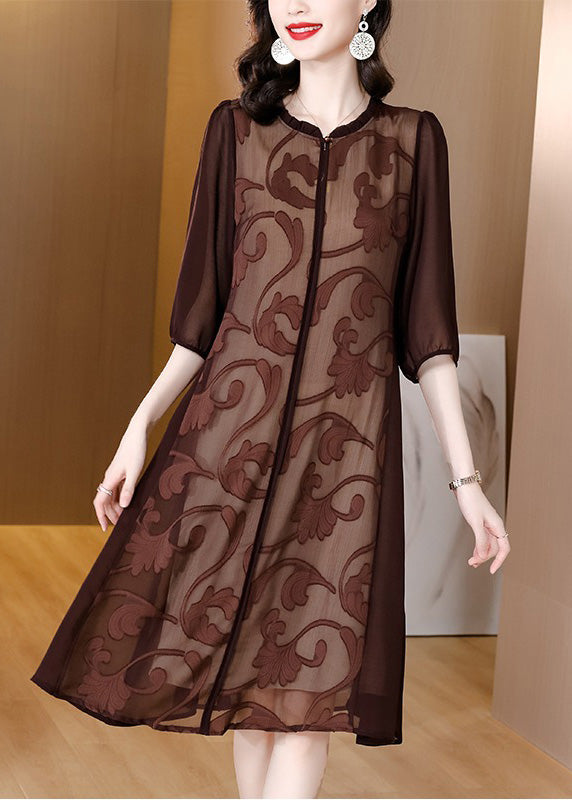 Slim Fit Coffee O-Neck Print Silk Maxi Dresses Summe Ada Fashion