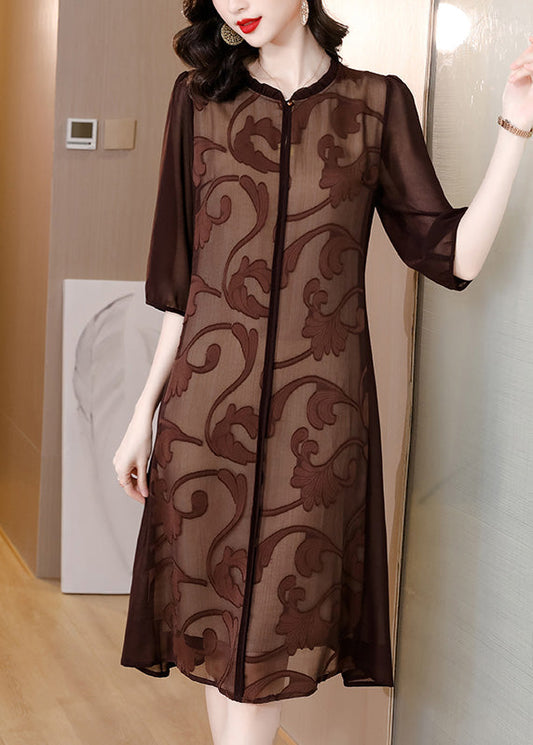 Slim Fit Coffee O-Neck Print Silk Maxi Dresses Summe Ada Fashion