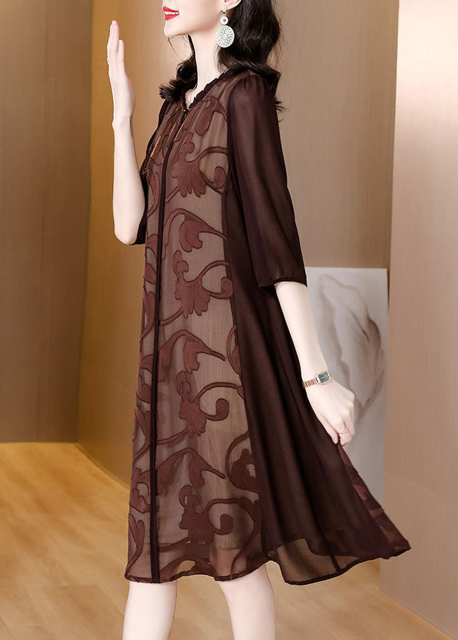 Slim Fit Coffee O-Neck Print Silk Maxi Dresses Summe Ada Fashion