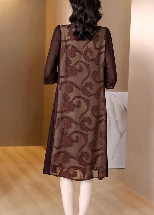 Slim Fit Coffee O-Neck Print Silk Maxi Dresses Summe Ada Fashion