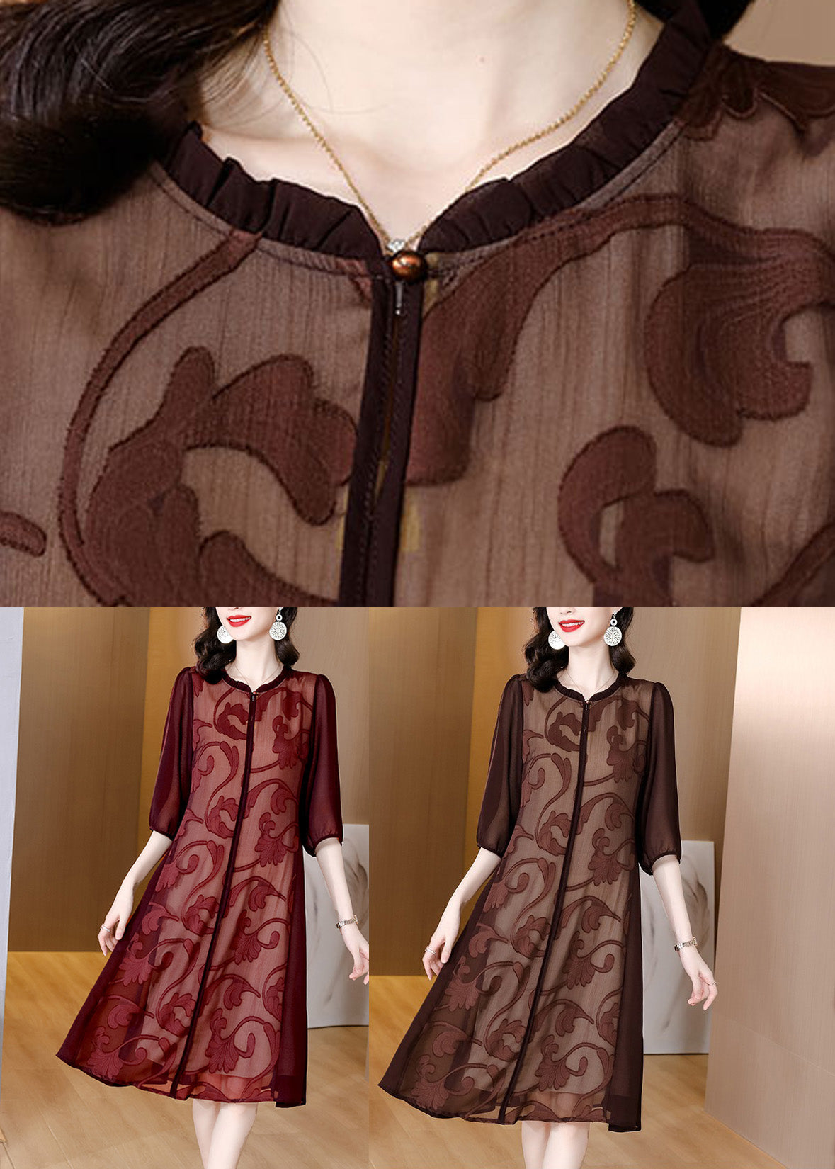Slim Fit Coffee O-Neck Print Silk Maxi Dresses Summe Ada Fashion