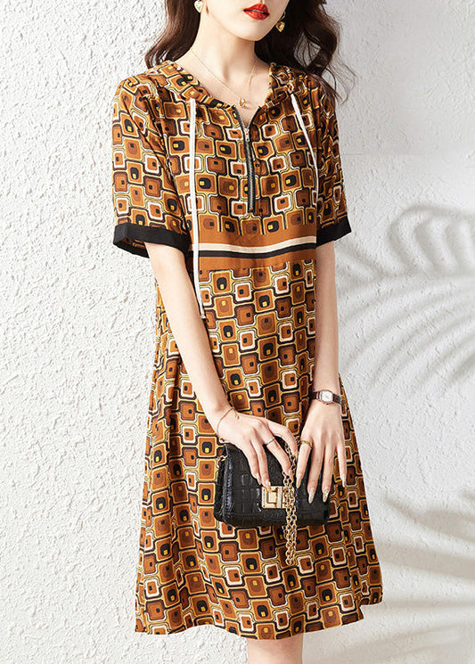 Slim Fit Coffee Print Zippered Hooded Chiffon Maxi Dress Summer LY6159 - fabuloryshop