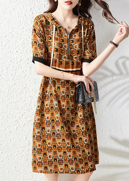 Slim Fit Coffee Print Zippered Hooded Chiffon Maxi Dress Summer LY6159 - fabuloryshop