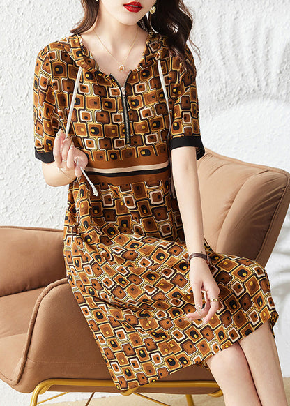 Slim Fit Coffee Print Zippered Hooded Chiffon Maxi Dress Summer LY6159 - fabuloryshop