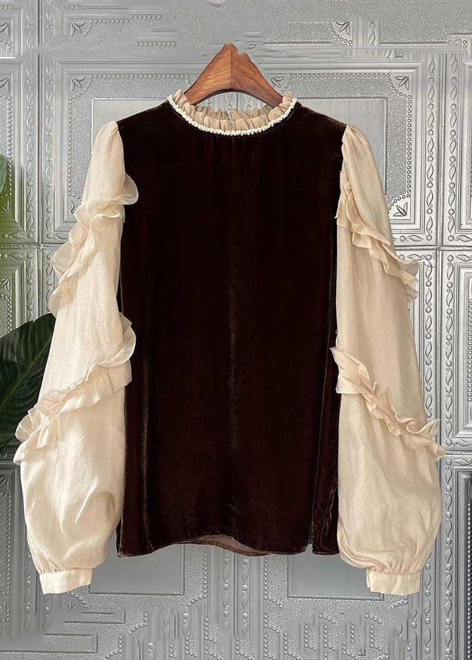 Slim Fit Coffee Ruffled Patchwork Silk Velour Top Long Sleeve Ada Fashion