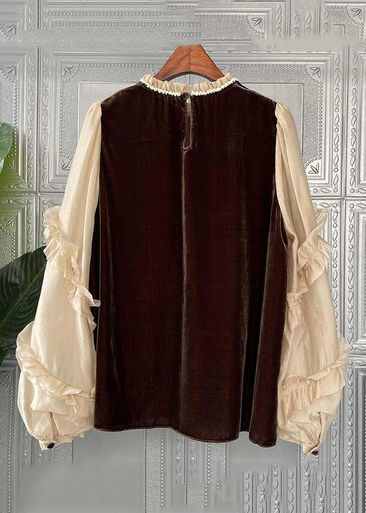 Slim Fit Coffee Ruffled Patchwork Silk Velour Top Long Sleeve Ada Fashion