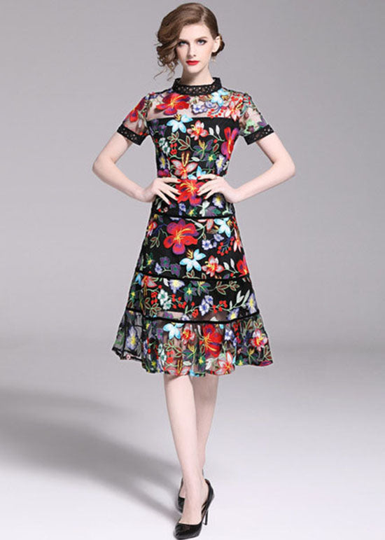 Slim Fit Floral Embroideried Patchwork Tulle Mid Dress Summer LY7461 - fabuloryshop