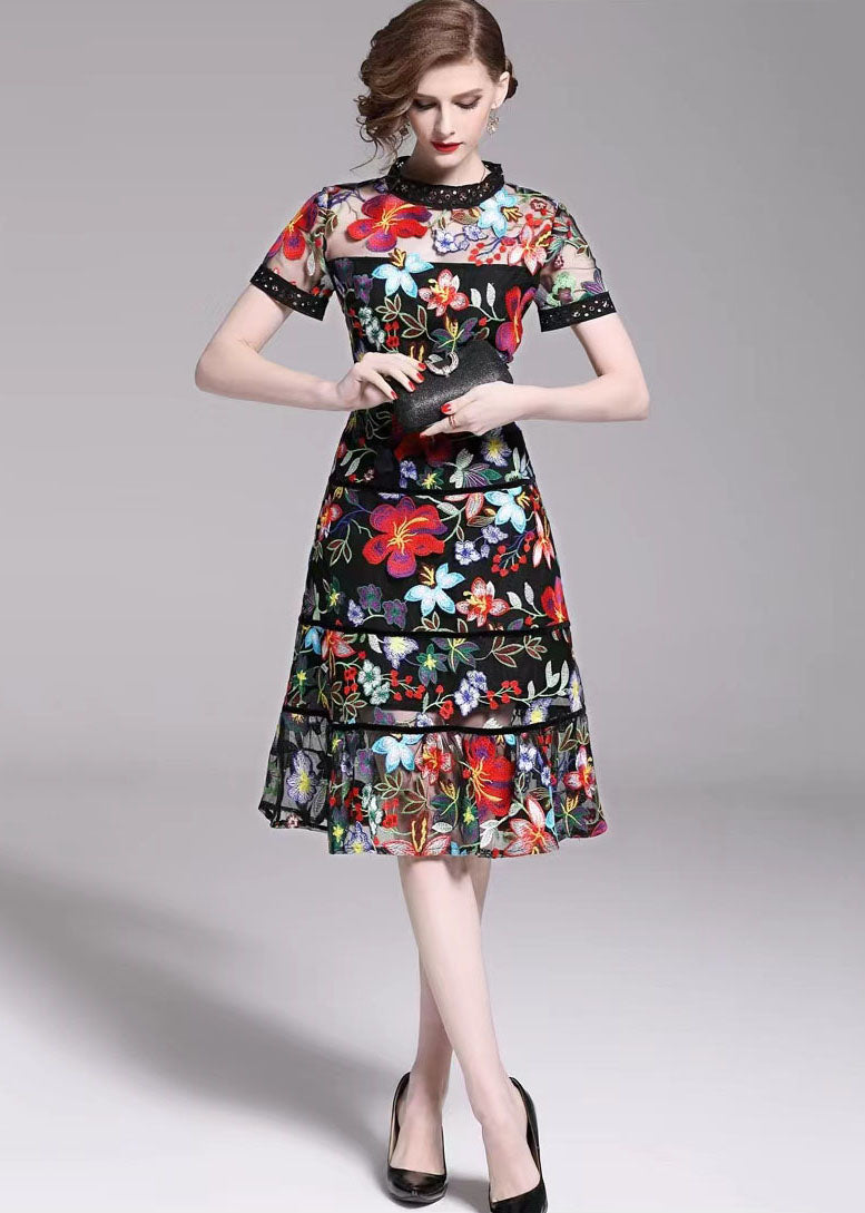 Slim Fit Floral Embroideried Patchwork Tulle Mid Dress Summer LY7461 - fabuloryshop