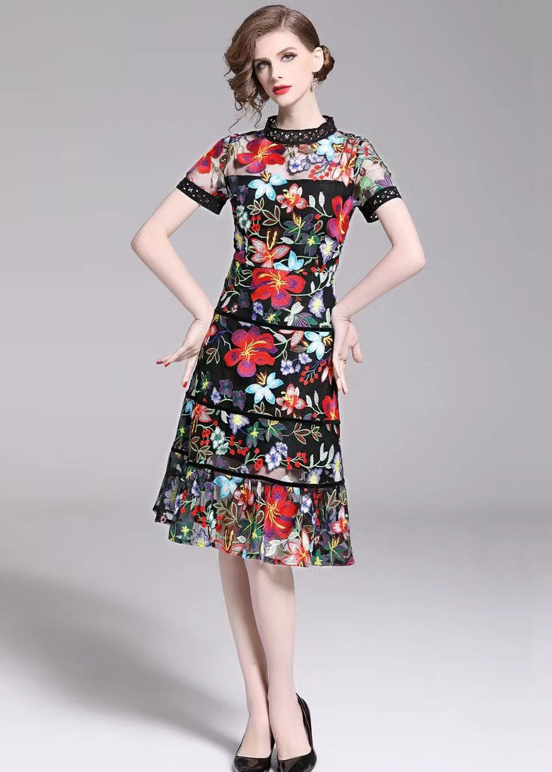 Slim Fit Floral Embroideried Patchwork Tulle Mid Dress Summer LY7461 - fabuloryshop