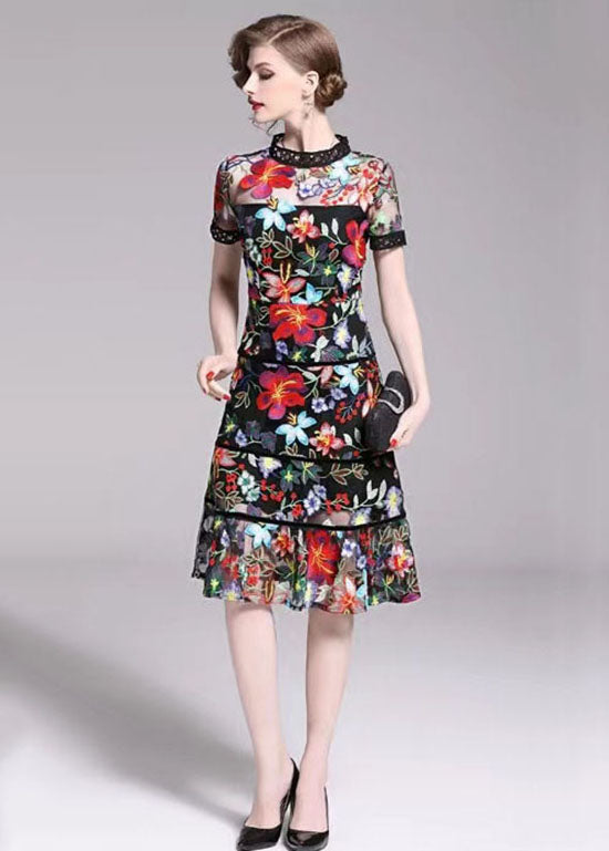 Slim Fit Floral Embroideried Patchwork Tulle Mid Dress Summer LY7461 - fabuloryshop