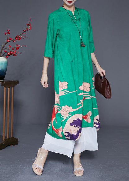 Slim Fit Green Mandarin Collar Chinese Button Print Silk Dresses Summer LY2898 - fabuloryshop