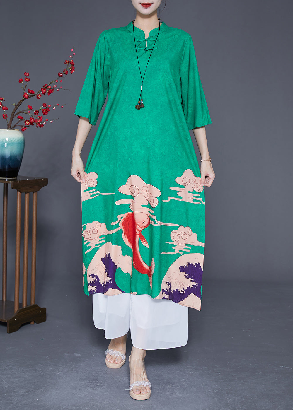 Slim Fit Green Mandarin Collar Chinese Button Print Silk Dresses Summer LY2898 - fabuloryshop