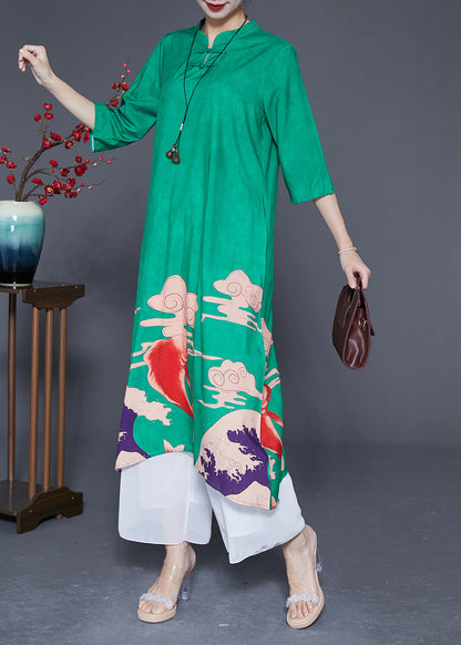 Slim Fit Green Mandarin Collar Chinese Button Print Silk Dresses Summer LY2898 - fabuloryshop