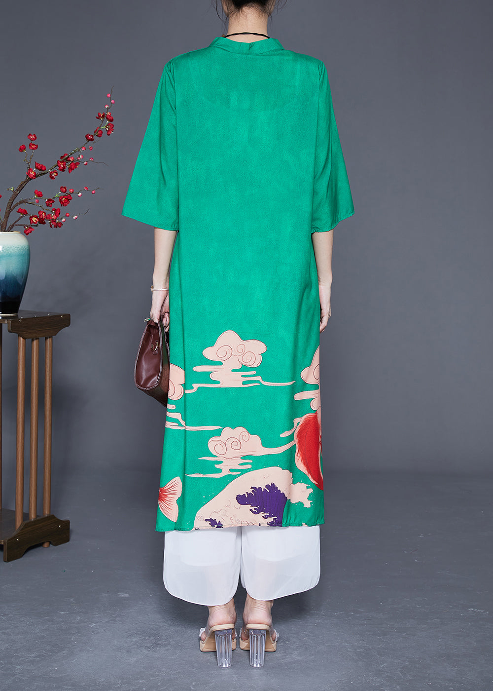 Slim Fit Green Mandarin Collar Chinese Button Print Silk Dresses Summer LY2898 - fabuloryshop