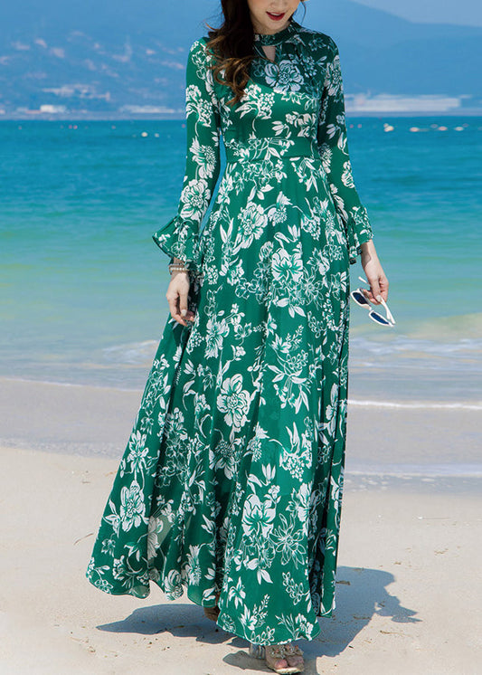 Slim Fit Green Turtleneck Print Chiffon Long Beach A Line Dresses Spring LY1726 - fabuloryshop