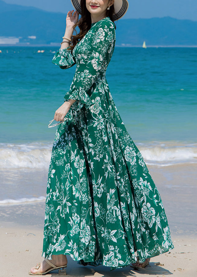 Slim Fit Green Turtleneck Print Chiffon Long Beach A Line Dresses Spring LY1726 - fabuloryshop