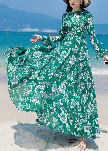 Slim Fit Green Turtleneck Print Chiffon Long Beach A Line Dresses Spring LY1726 - fabuloryshop