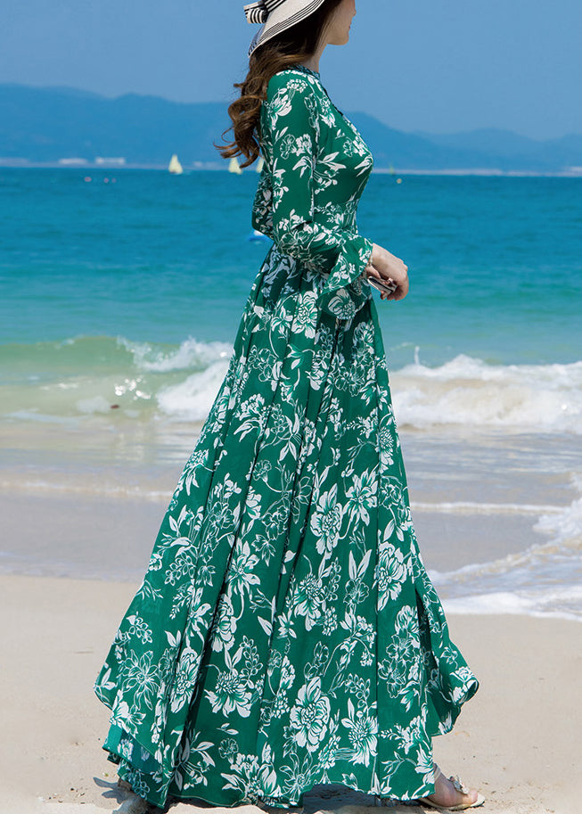 Slim Fit Green Turtleneck Print Chiffon Long Beach A Line Dresses Spring LY1726 - fabuloryshop