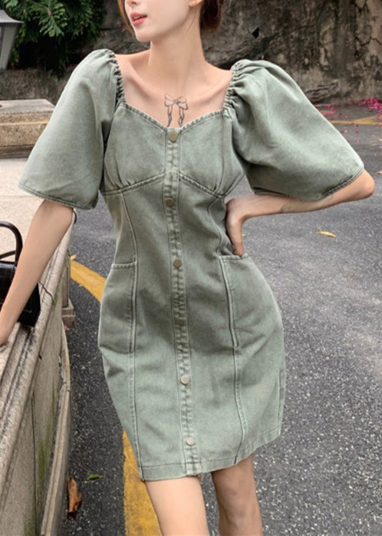 Slim Fit Grey Green Patchwork Button Denim Mid Dress Summer TY1018 - fabuloryshop