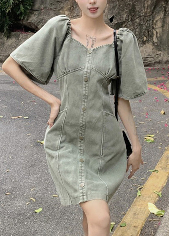 Slim Fit Grey Green Patchwork Button Denim Mid Dress Summer TY1018