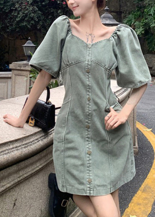 Slim Fit Grey Green Patchwork Button Denim Mid Dress Summer TY1018 - fabuloryshop