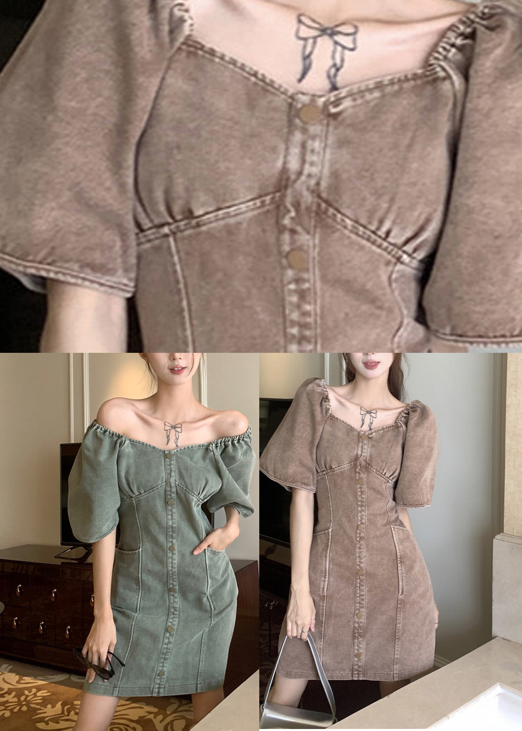 Slim Fit Grey Green Patchwork Button Denim Mid Dress Summer TY1018