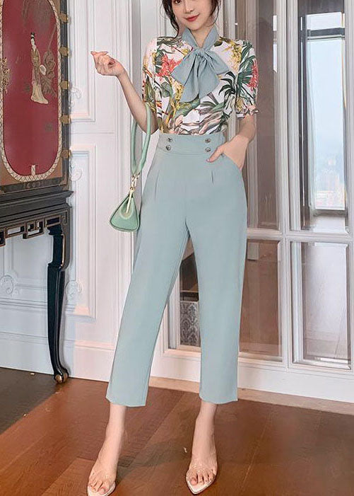 Slim Fit Light Blue Bow Collar Print Draping Chiffon Two Pieces Set Summer LY0036 - fabuloryshop