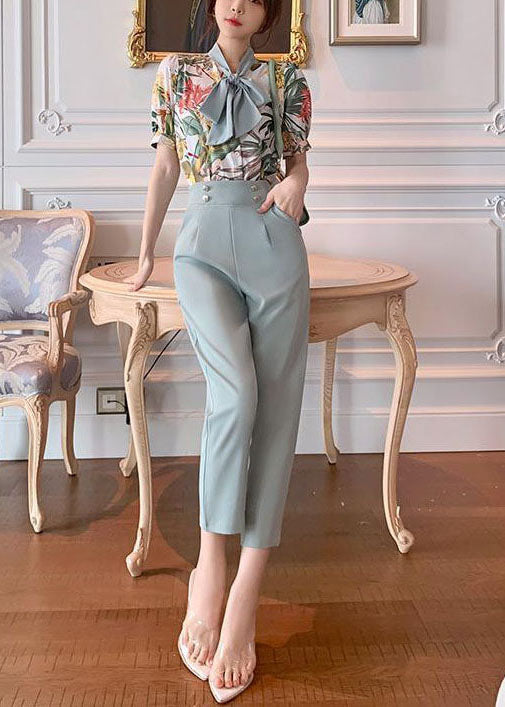 Slim Fit Light Blue Bow Collar Print Draping Chiffon Two Pieces Set Summer LY0036 - fabuloryshop