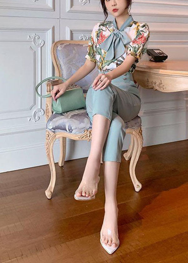 Slim Fit Light Blue Bow Collar Print Draping Chiffon Two Pieces Set Summer LY0036 - fabuloryshop