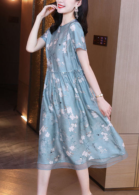 Slim Fit Light Blue O-Neck Patchwork Print Silk Dress Summer TH1019 - fabuloryshop