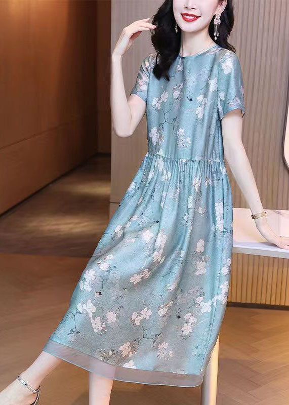 Slim Fit Light Blue O-Neck Patchwork Print Silk Dress Summer TH1019 - fabuloryshop