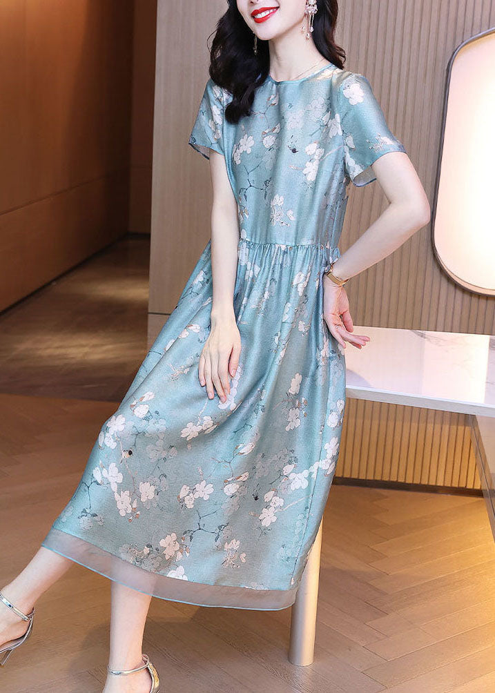 Slim Fit Light Blue O-Neck Patchwork Print Silk Dress Summer TH1019 - fabuloryshop