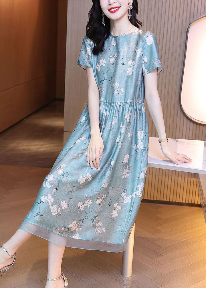 Slim Fit Light Blue O-Neck Patchwork Print Silk Dress Summer TH1019 - fabuloryshop