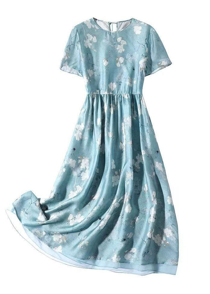 Slim Fit Light Blue O-Neck Patchwork Print Silk Dress Summer TH1019 - fabuloryshop