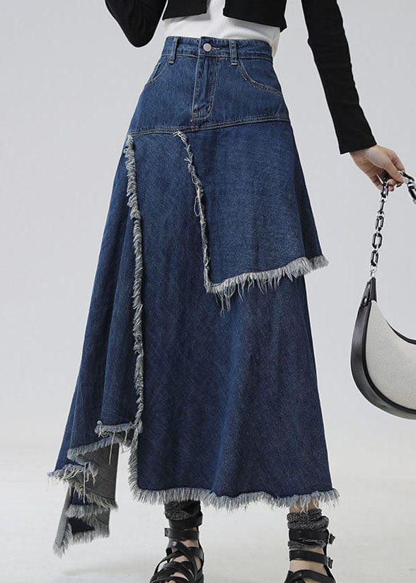 Slim Fit Navy Asymmetrical Patchwork Denim Skirt Summer Ada Fashion