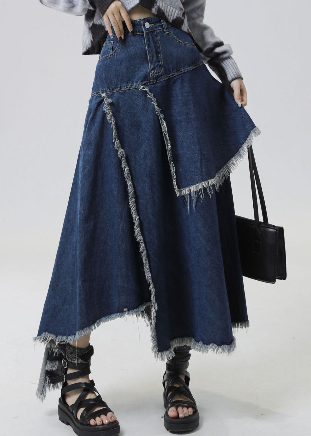 Slim Fit Navy Asymmetrical Patchwork Denim Skirt Summer Ada Fashion