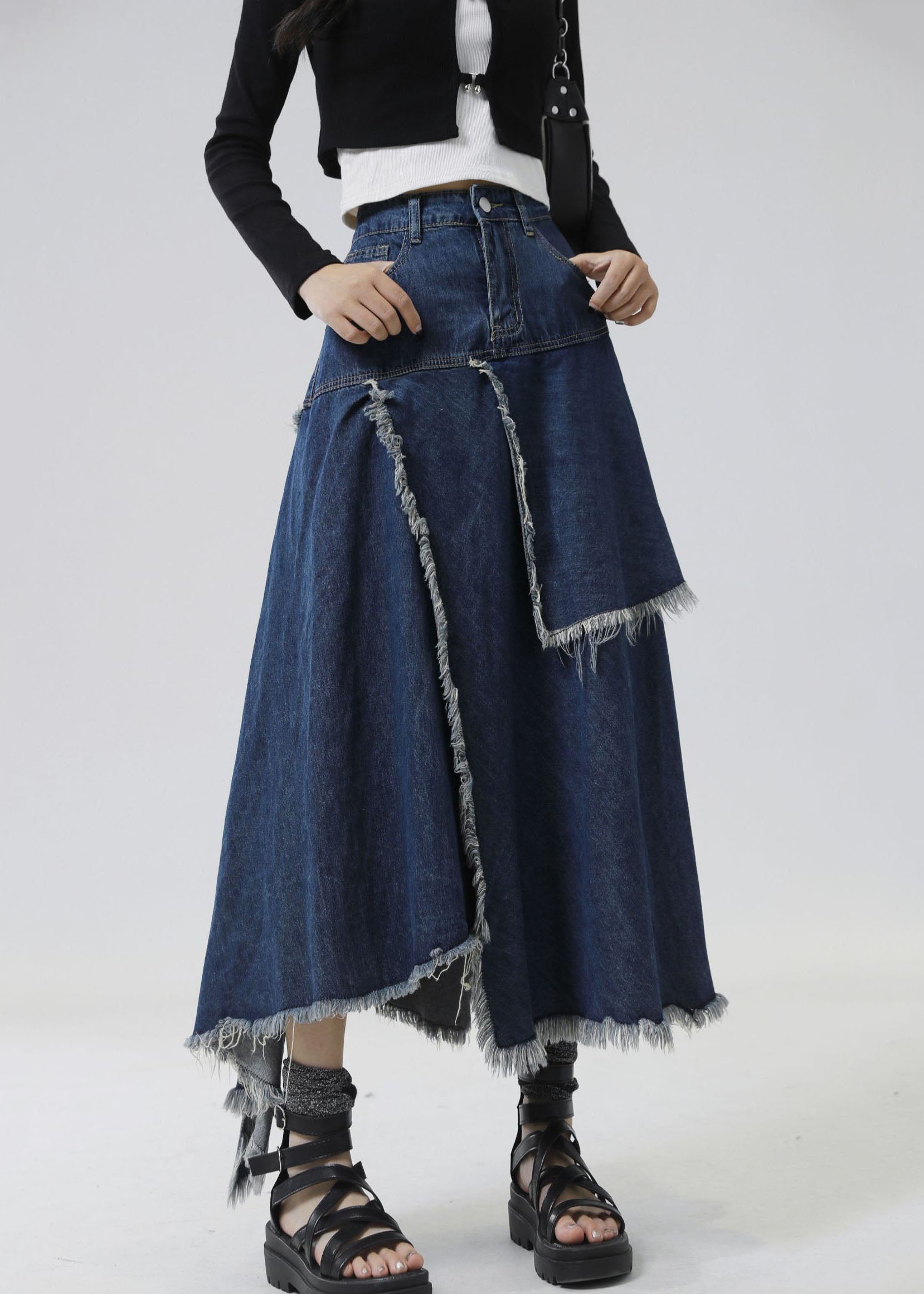 Slim Fit Navy Asymmetrical Patchwork Denim Skirt Summer Ada Fashion