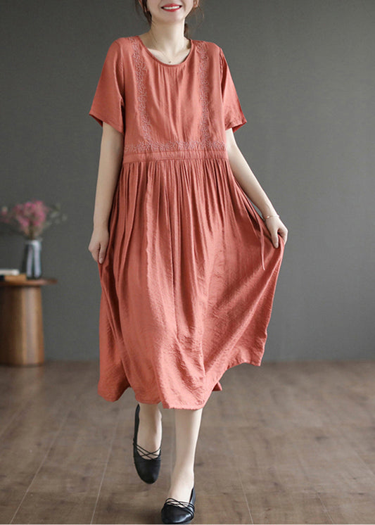 Slim Fit Orange Embroideried Cotton Dresses Summer LY5359 - fabuloryshop