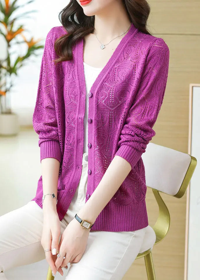 Slim Fit Purple Button Thin Ice Size Knit Cardigan Summer Ada Fashion