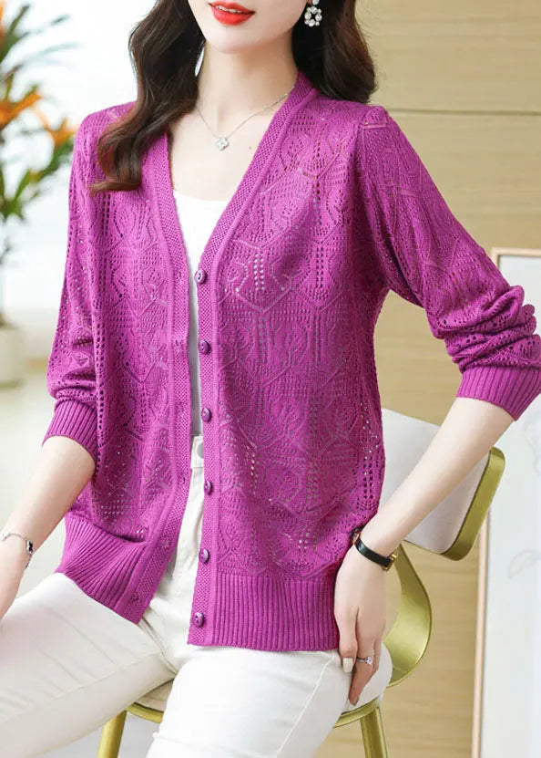 Slim Fit Purple Button Thin Ice Size Knit Cardigan Summer Ada Fashion