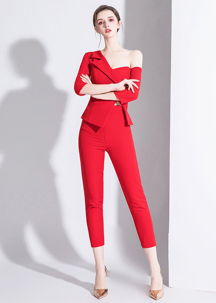 Slim Fit Red Asymmetrical Tulle Patchwork Three Pieces Set Fall Ada Fashion