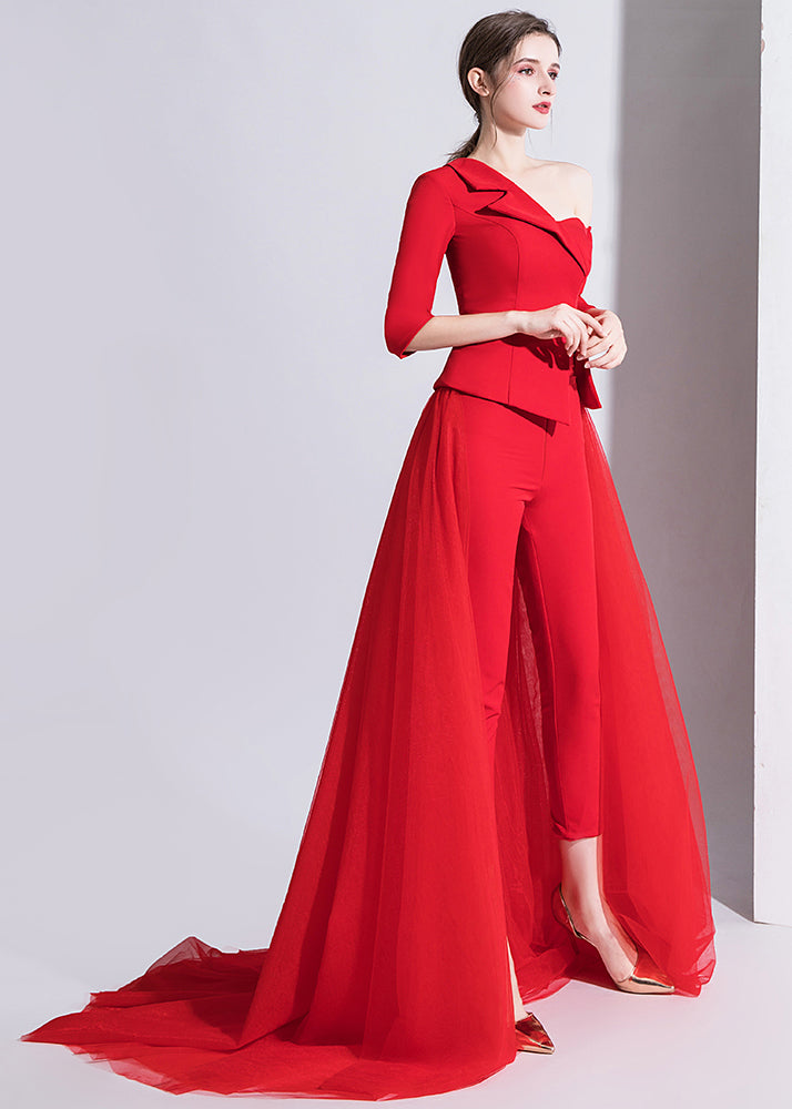 Slim Fit Red Asymmetrical Tulle Patchwork Three Pieces Set Fall Ada Fashion