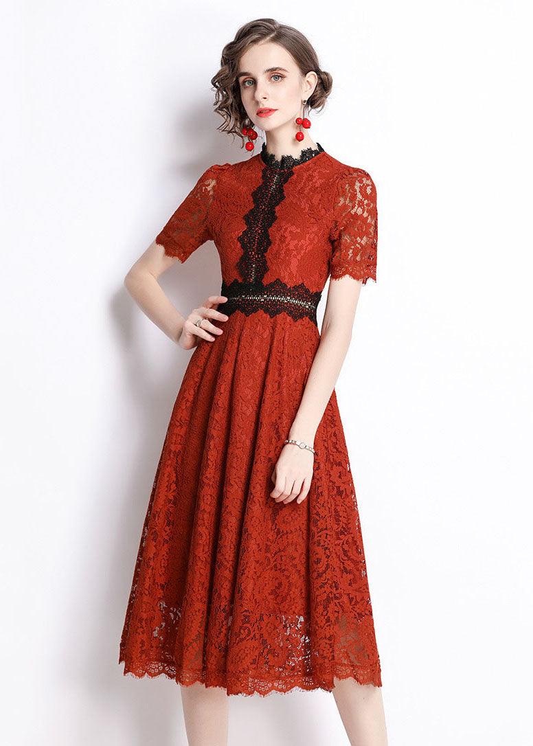 Slim Fit Red Embroideried Hollow Out Patchwork Lace Dress Summer LY7433 - fabuloryshop