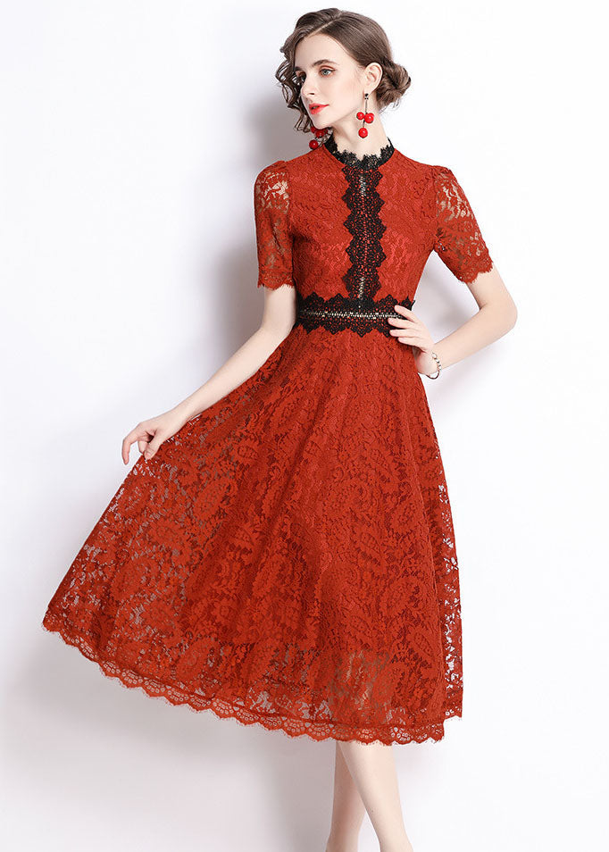 Slim Fit Red Embroideried Hollow Out Patchwork Lace Dress Summer LY7433 - fabuloryshop